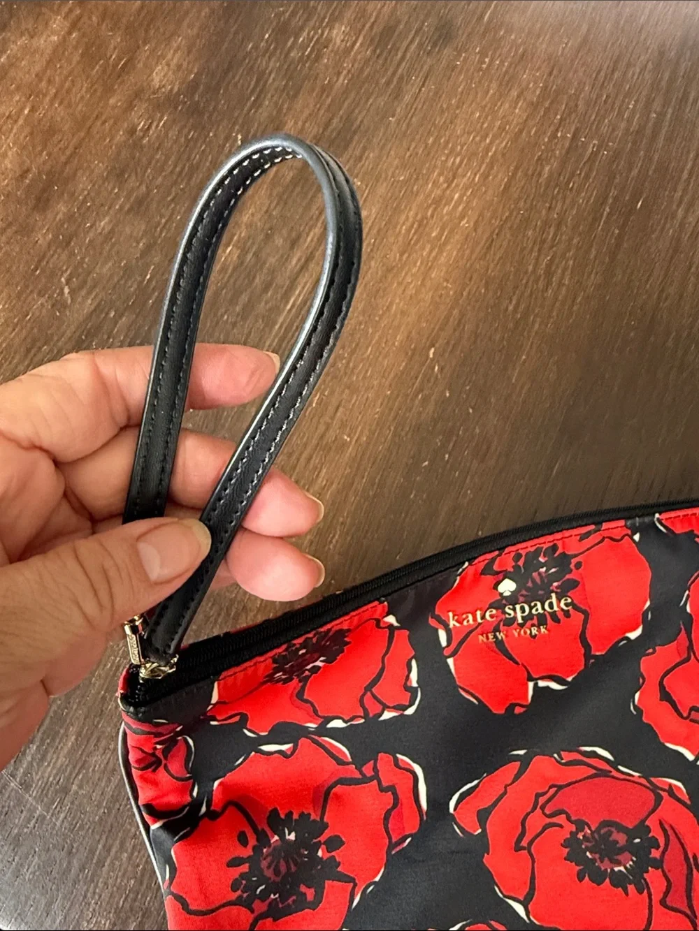 kate spade Black Wristlet Clutch with Red Floral Print